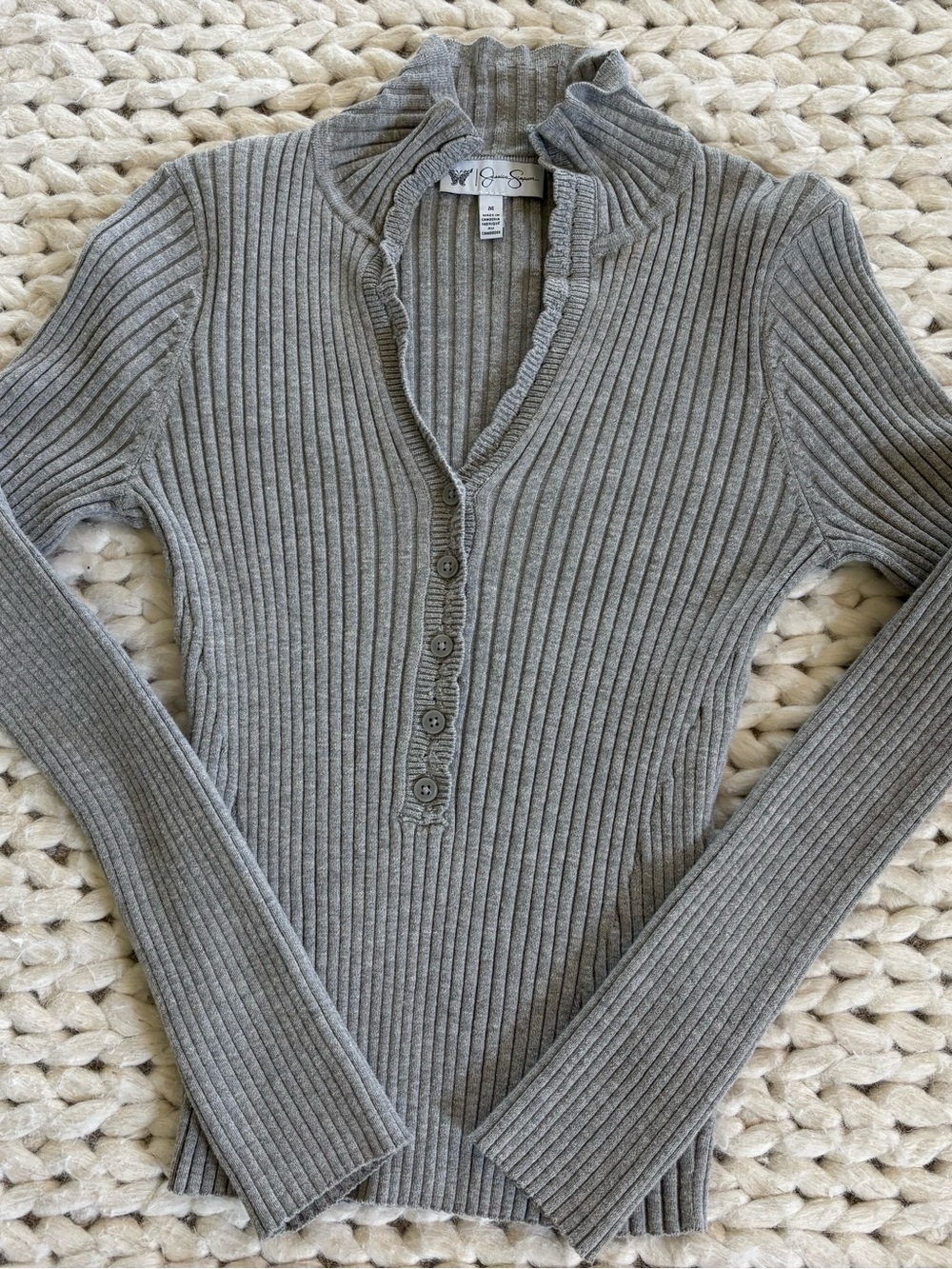 Jessica Simpson Light Gray Ribbed Ruffle-Trim Henley Sweater